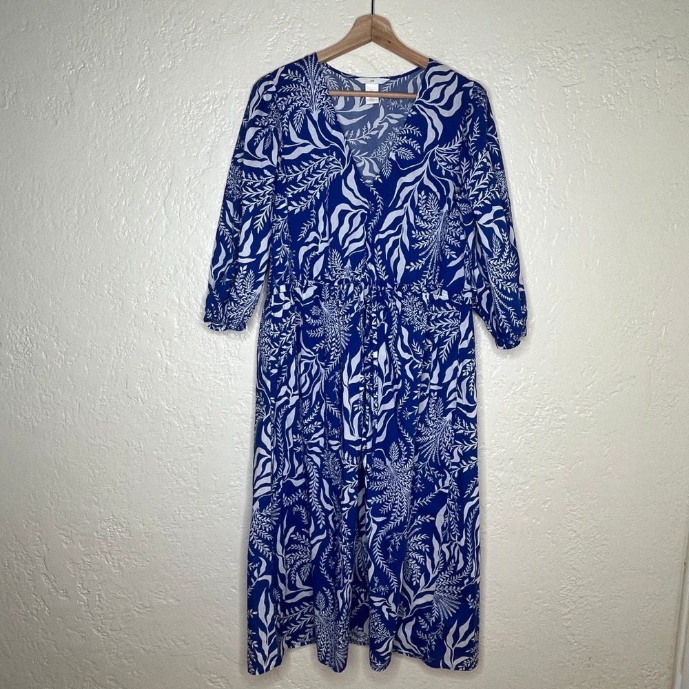 HM Cotton Maxi Dress Blue White‎ Floral Botanical Cinched Waist Womens Small